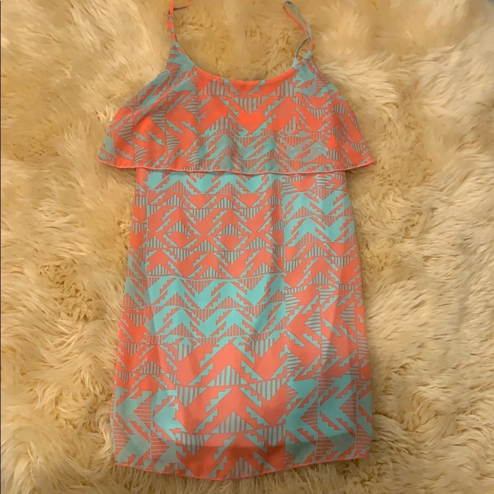 Aztec print bright coral and teal chiffon dress